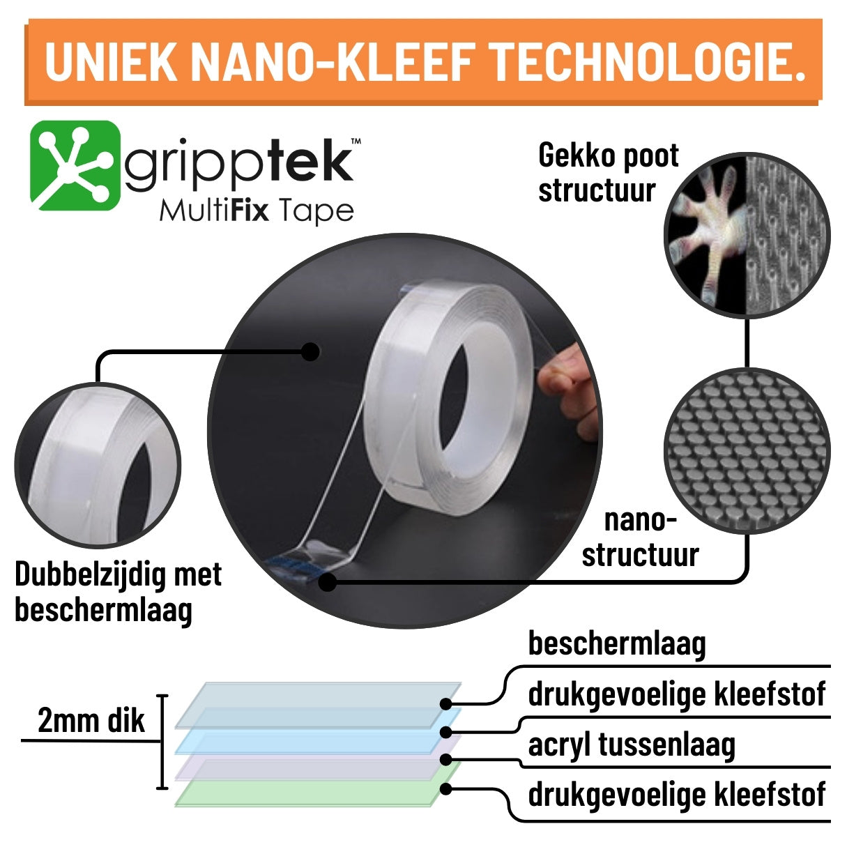 GrippTek® MultiFix Tape Original 2.0 - Dubbelzijdig & Herbruikbaar - GrippTek