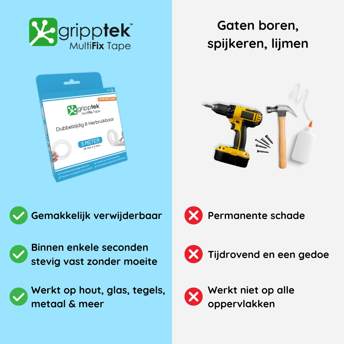 GrippTek® MultiFix Tape Original 2.0 | Dubbelzijdig & Herbruikbaar - GrippTek