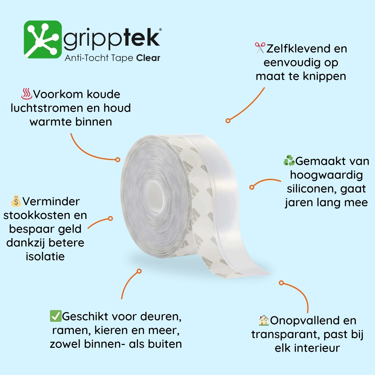 Set of 12 GrippTek Anti-Tocht Clear Tape rolls for sealing doors and gaps to prevent drafts and improve insulation.