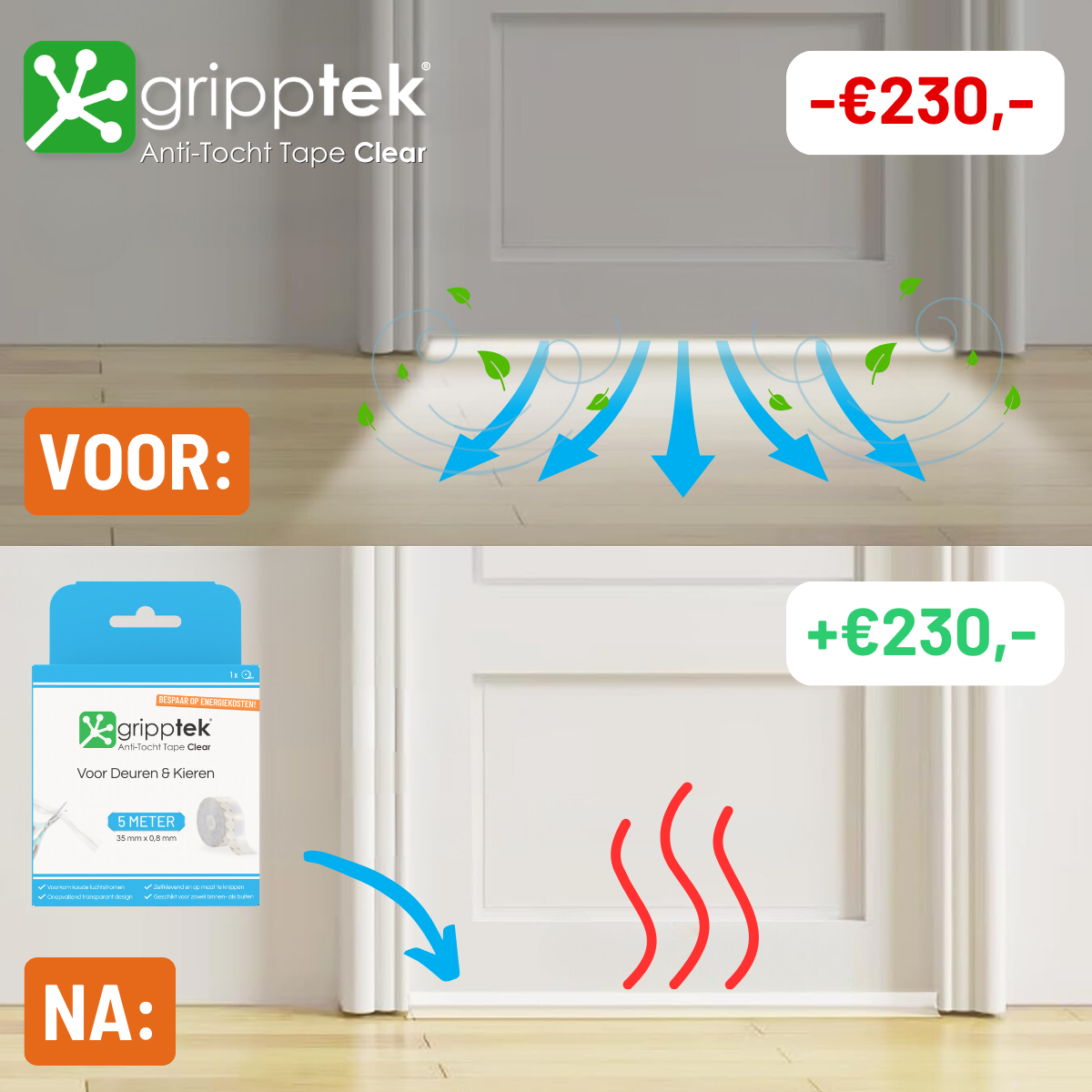 Before and after images showing GrippTek® Anti-Tocht Tape Clear sealing door gaps and drafts for improved insulation and energy efficiency.