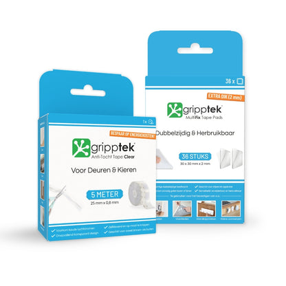 GrippTek® Anti-Tocht Tape Clear + 36 stuks MultiFix Pads Kleefbundel
