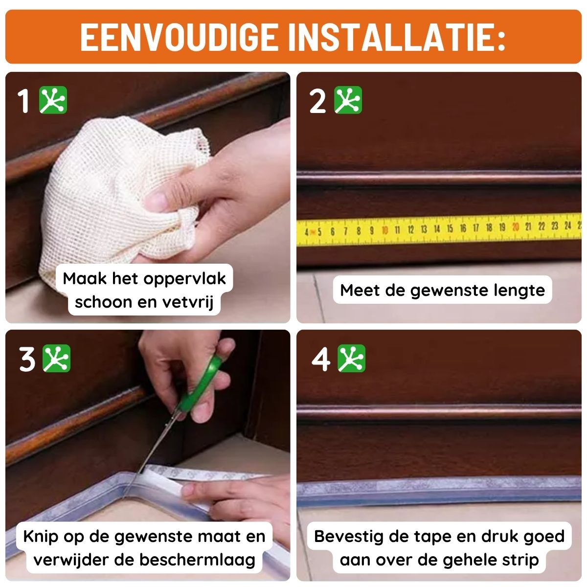 Clear GrippTek Anti-Tocht Tape for doors and gaps, shown in a step-by-step application process on a door frame.