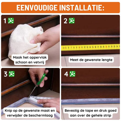 Clear GrippTek Anti-Tocht Tape for doors and gaps, shown in a step-by-step application process on a door frame.