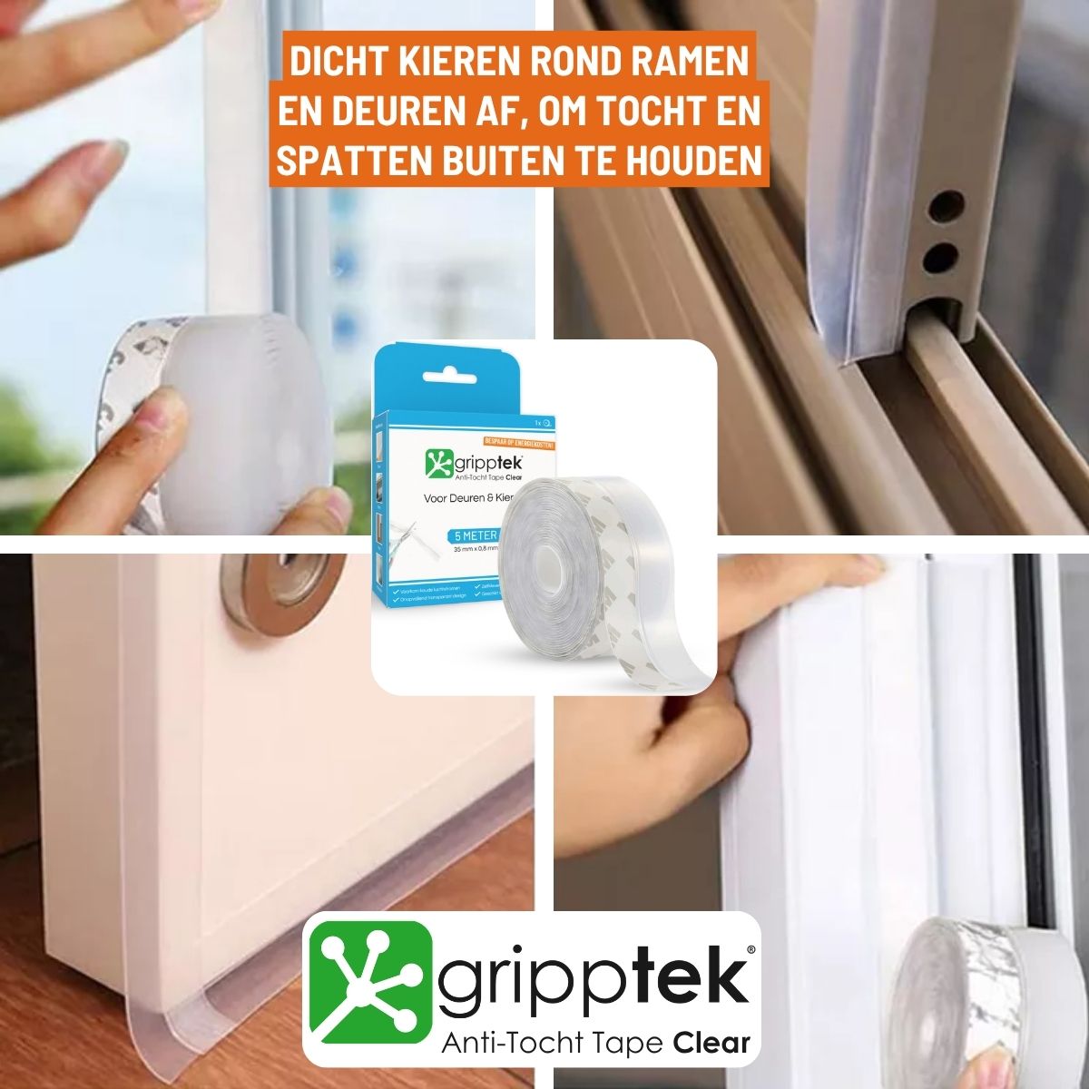Clear GrippTek® Anti-Tocht Tape applied around door edge to seal gaps and prevent drafts, enhancing energy efficiency.