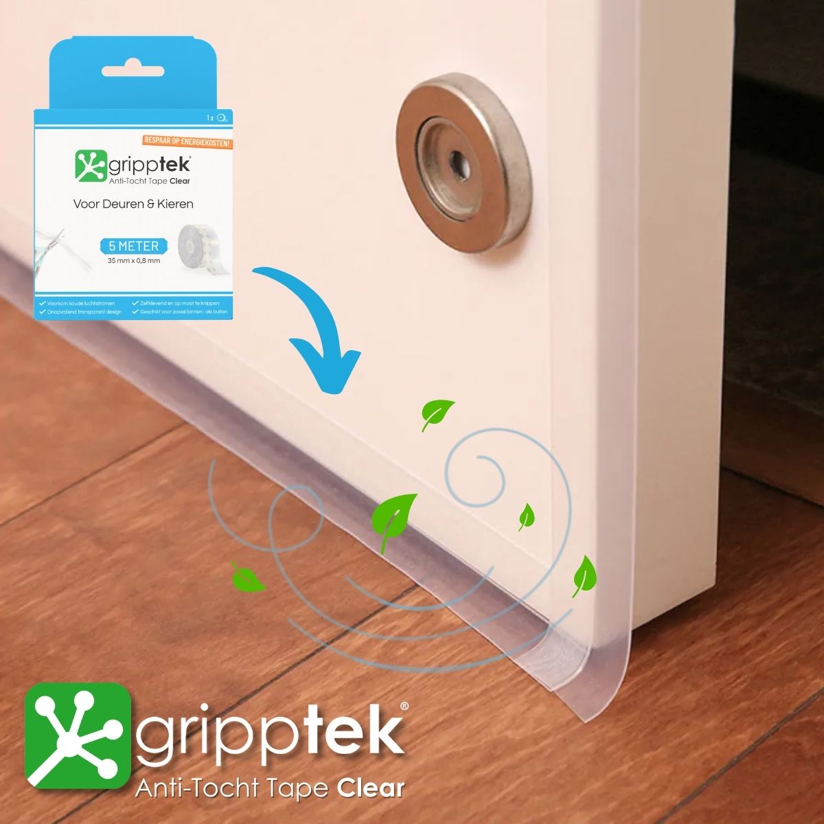 Clear GrippTek® Anti-Tocht Tape applied around door edges to seal gaps and prevent drafts in a home setting.