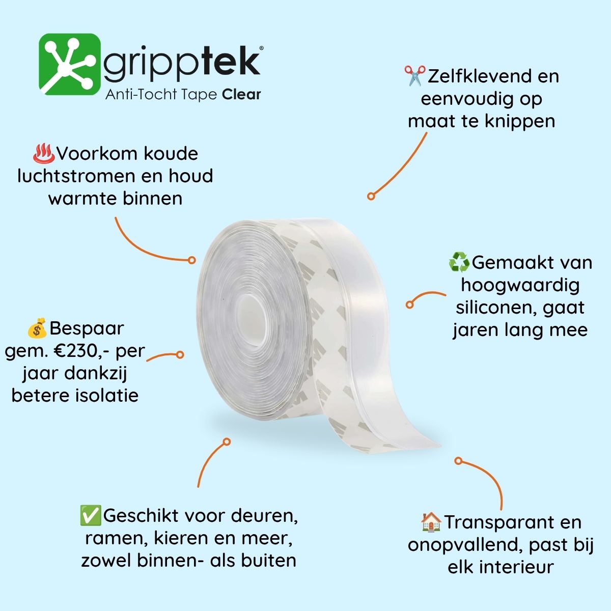 Clear GrippTek® Anti-Tocht Tape on door frame, sealing gaps to prevent drafts and improve insulation.