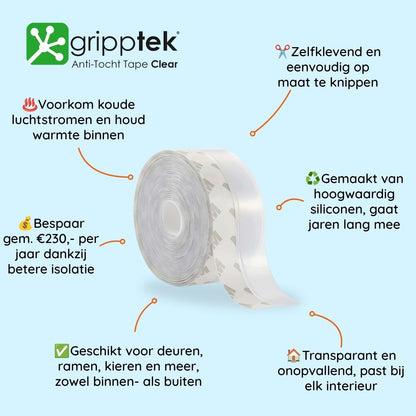 Clear GrippTek® Anti-Tocht Tape on door frame, sealing gaps to prevent drafts and improve insulation.